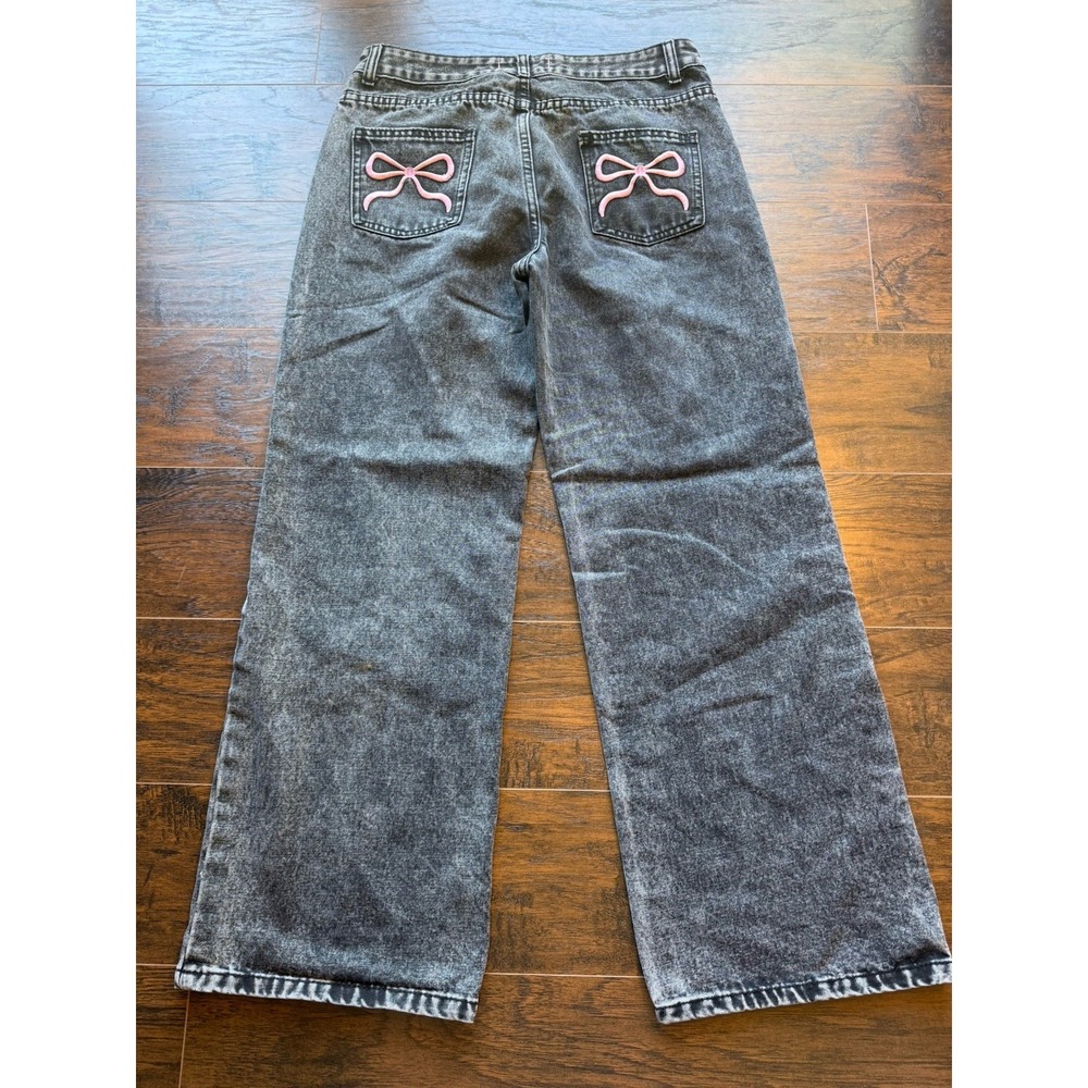 Disclosure Wide Leg Jeans Womens 7/28 Black Acid Wash Pink Bow Y2K Denim